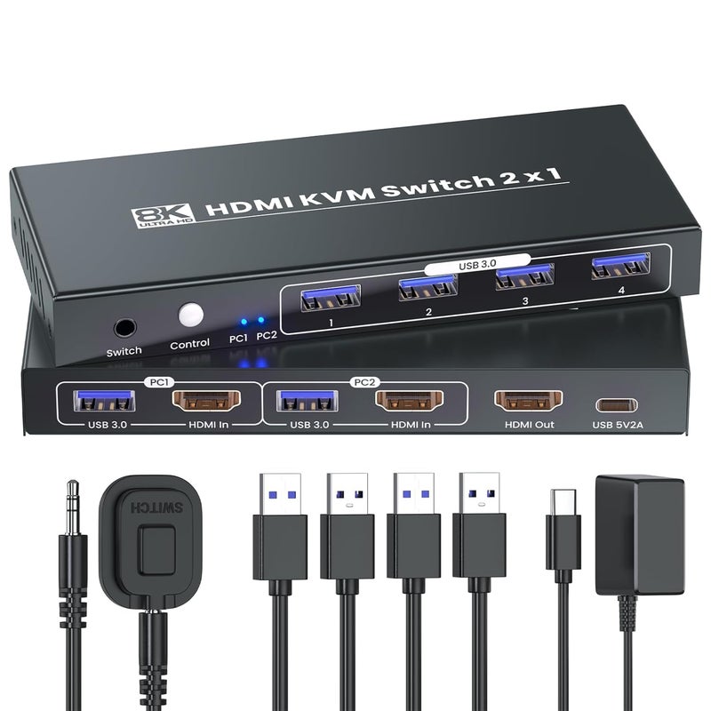 SEMZHENG HDMI KVM Switch 1 Monitor 2 Computers, 8K60Hz 4K120Hz USB 3.0 2 Port HDMI KVM Switch for 2 PC Management Via 1 Set of Keyboard Mouse and 1 Monitor - Image 1